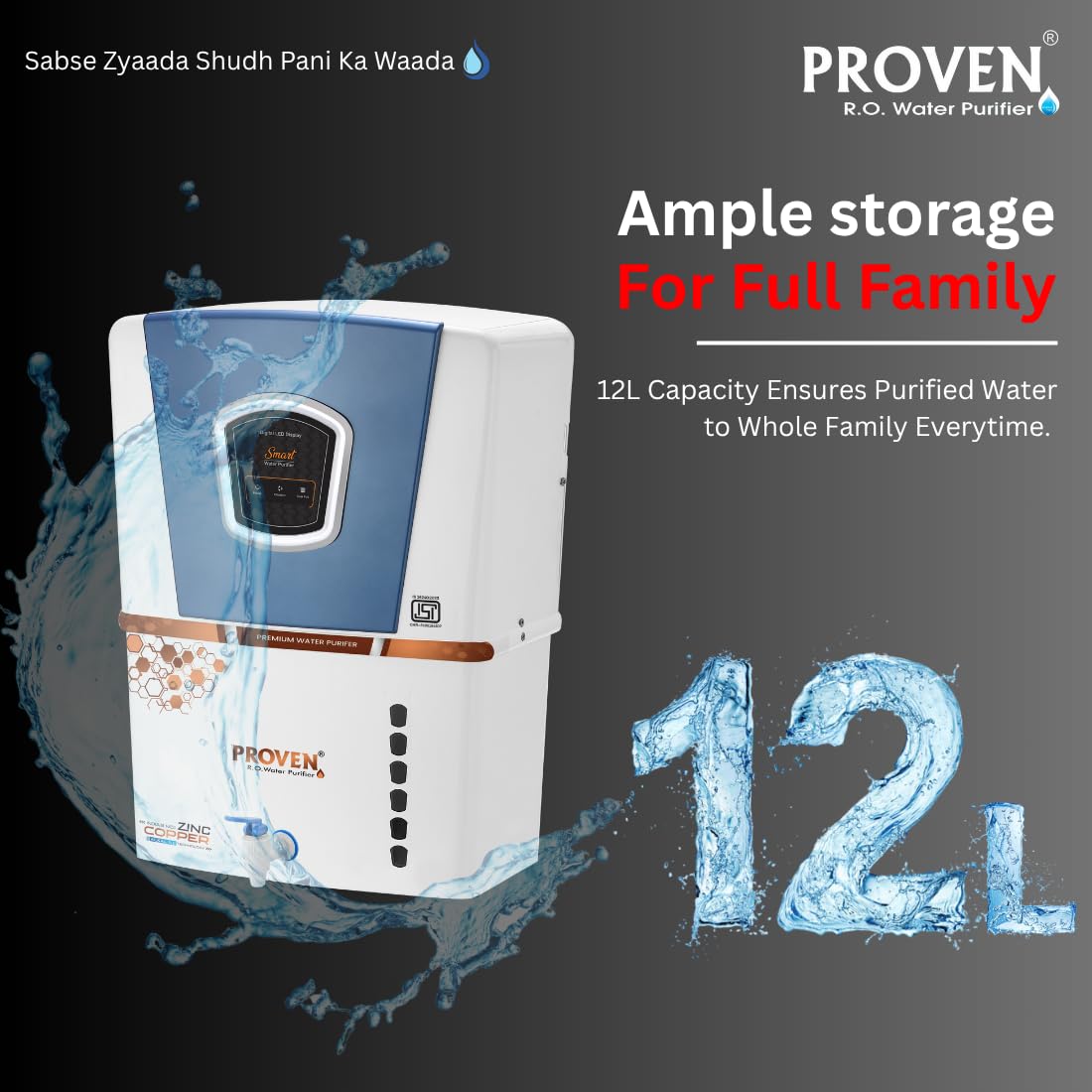 Proven Jupiter RO Water Purifier | No Service Needed for 2 Years | RO+UV+UF+TDS | Zinc, Copper, Alkaline | 12L Storage | For Borewell & Hard Water | ISI Certified | Free Pre-Filter