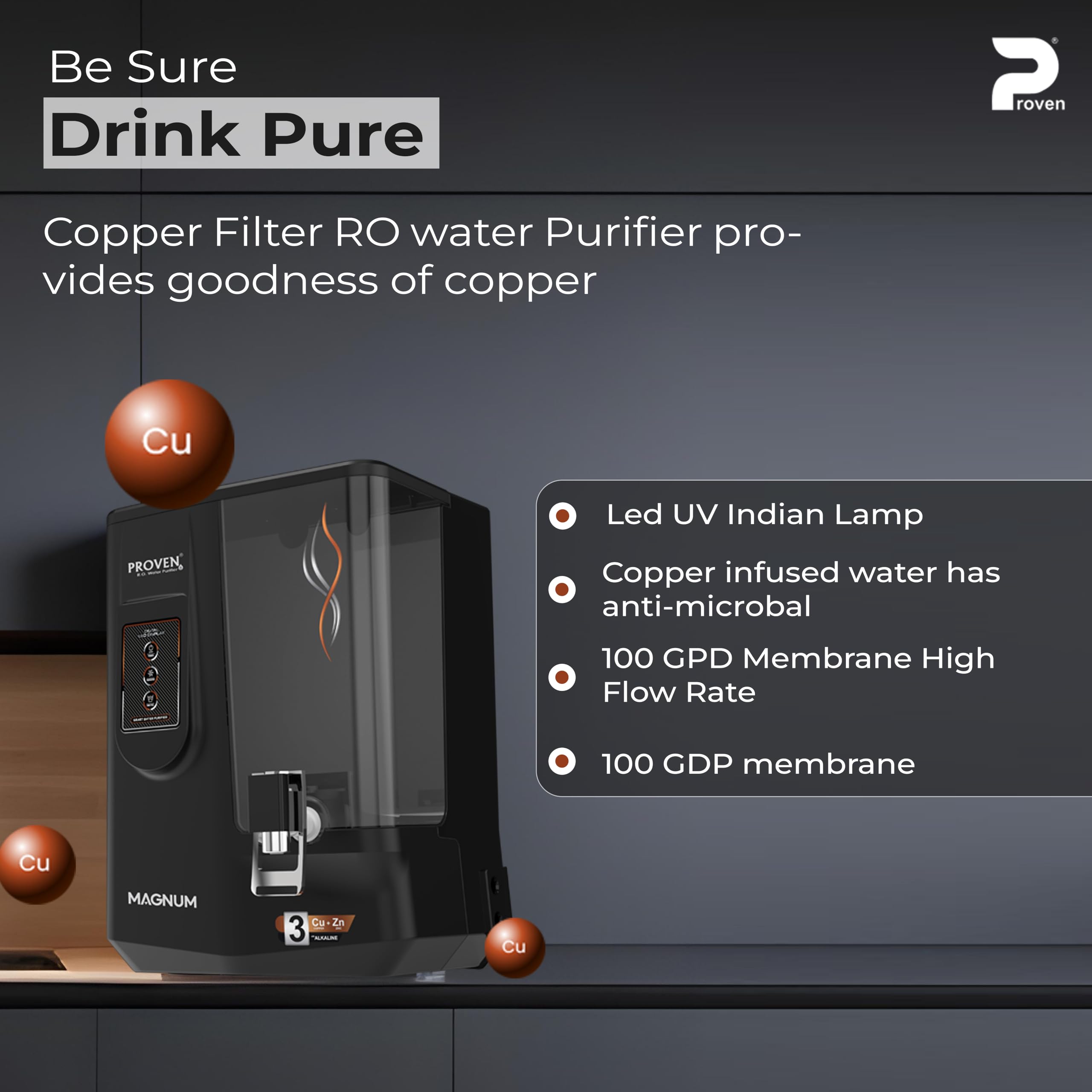 Proven Magnum RO Water Purifier for Home | RO+UV+UF+Copper+Zinc+Alkaline | TDS Adjuster | Borewell Water | LED Indicator | 8L Tank | ISI Certified | 1-Year Warranty | Wall Mount | Made in India