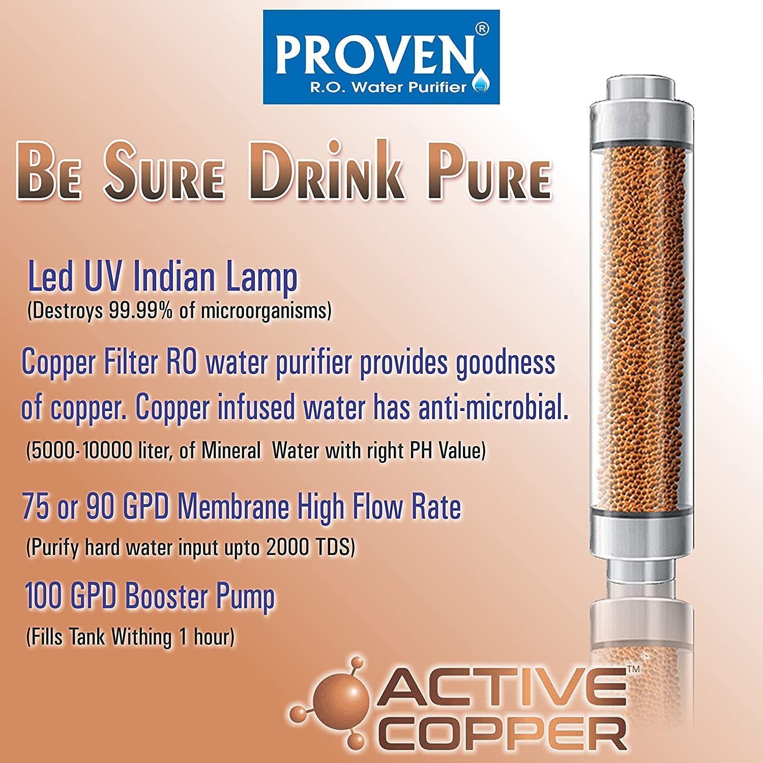 Proven Pixer Water Purifier – RO + UV + UF with Copper Zinc Alkaline Technology, TDS Adjuster, 12L Storage Tank, Sleek Black, Made in India, ISI | 12 Stage Purification | 1 Year Warranty