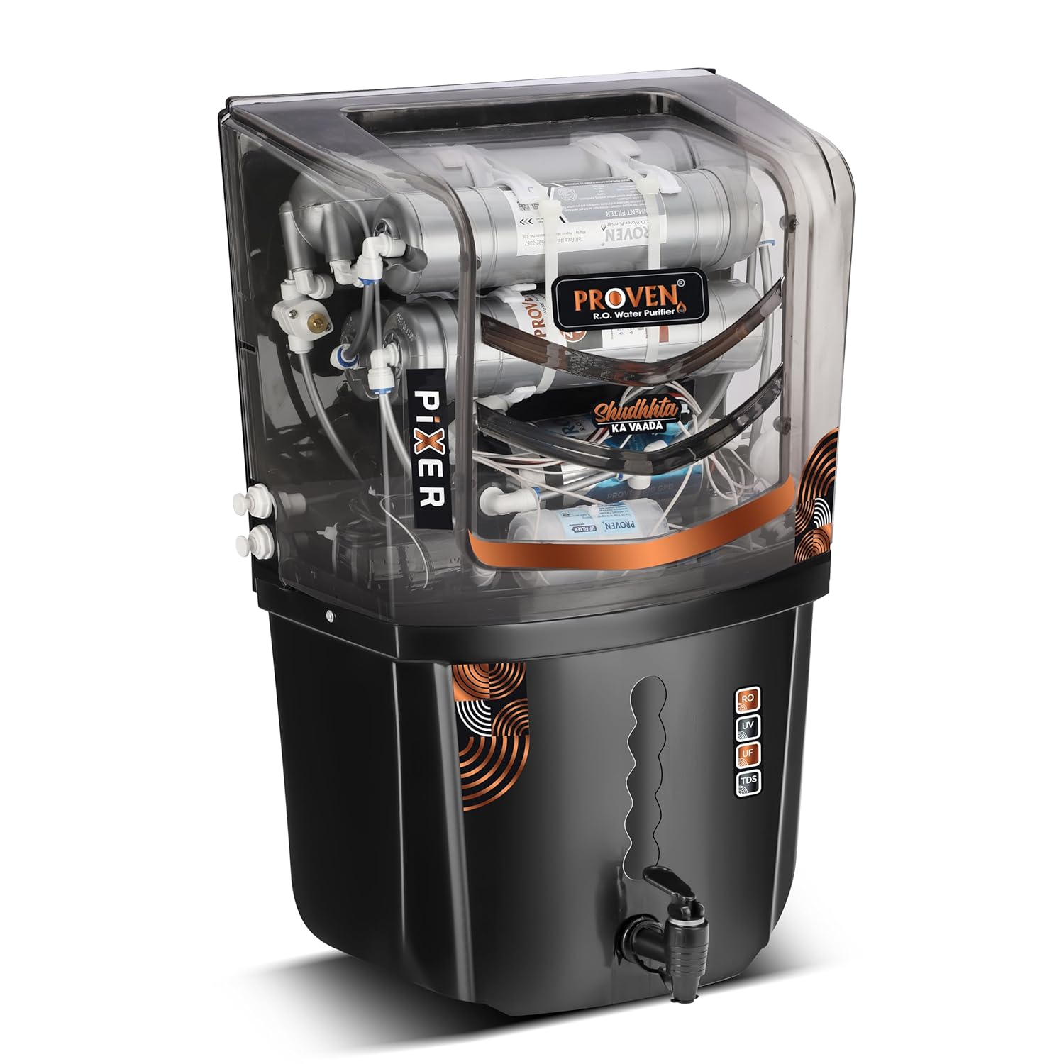 Proven Pixer Water Purifier – RO + UV + UF with Copper Zinc Filter, 12L Storage Tank, Sleek Black, TDS Adjuster, Made in India, ISI | 12 Stage Purification | 1 Year Warranty