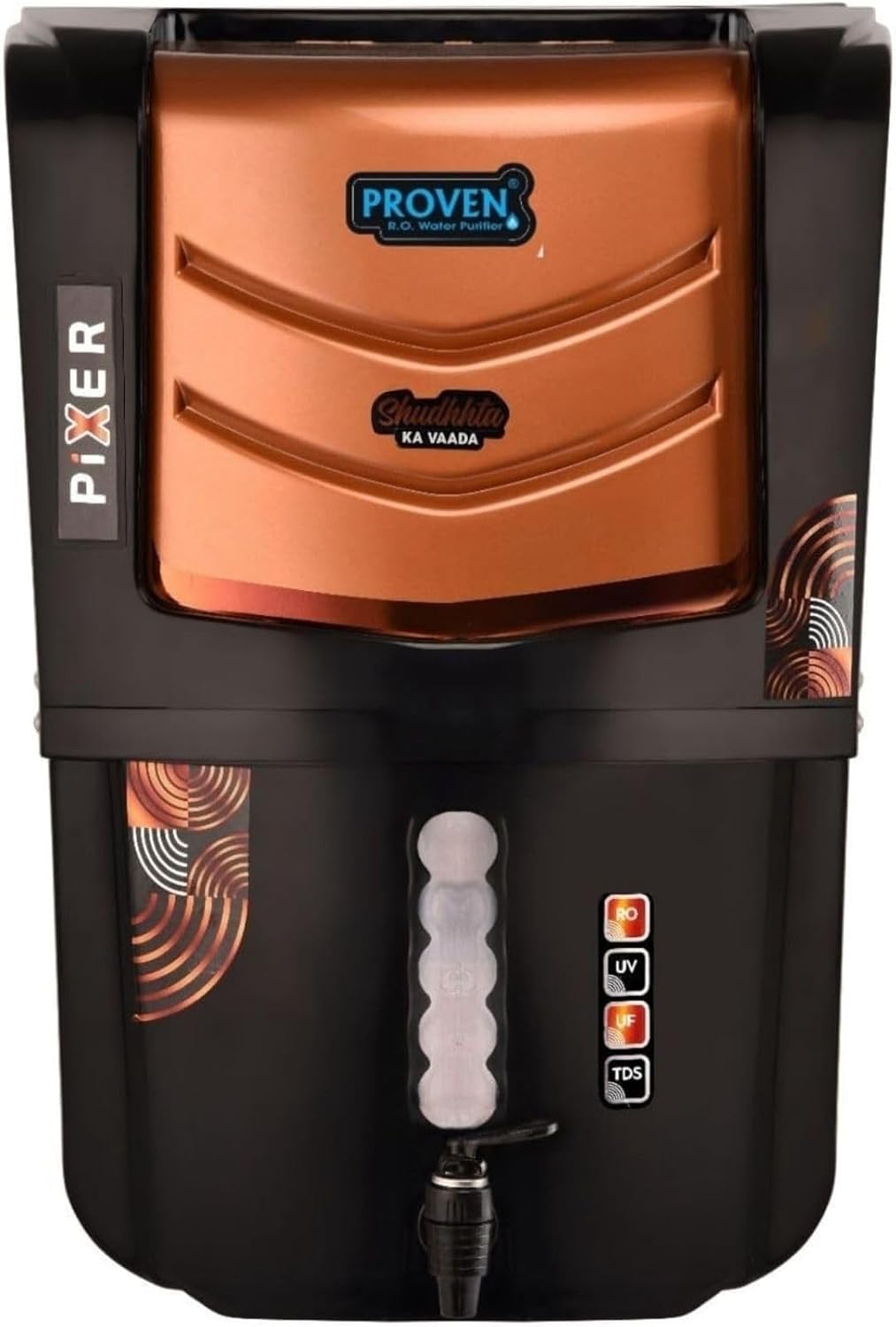 Proven Pixer Aqua RO+UV+UF+Copper Water Purifier | 12L Tank | TDS Controller | ISI Certified | Sleek Black Design | Made in India | 1-Year Warranty | Ideal for Home & Kitchen Use.