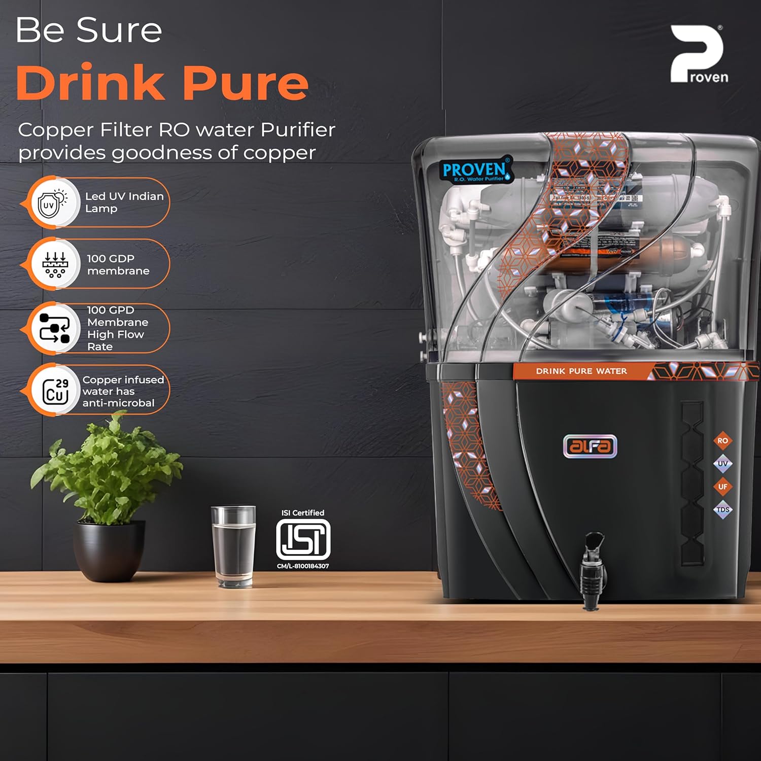 Proven Alfa 4 in 1 Zinc Copper Alkaline RO Water Purifier, 12L Tank, RO, UV, UF, TDS Adjuster | Suitable for all water sources | ISI Approved | Made In India | 12 Stage Purification | 1 Year Warranty